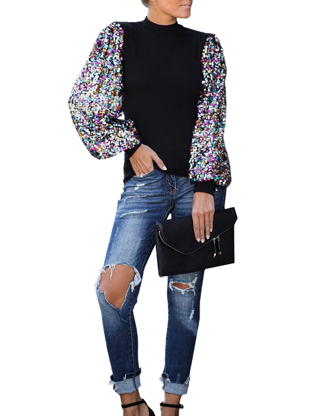 White Mock Neck Long Sleeve Top with Silver Sequin Balloon Sleeves - Image 20