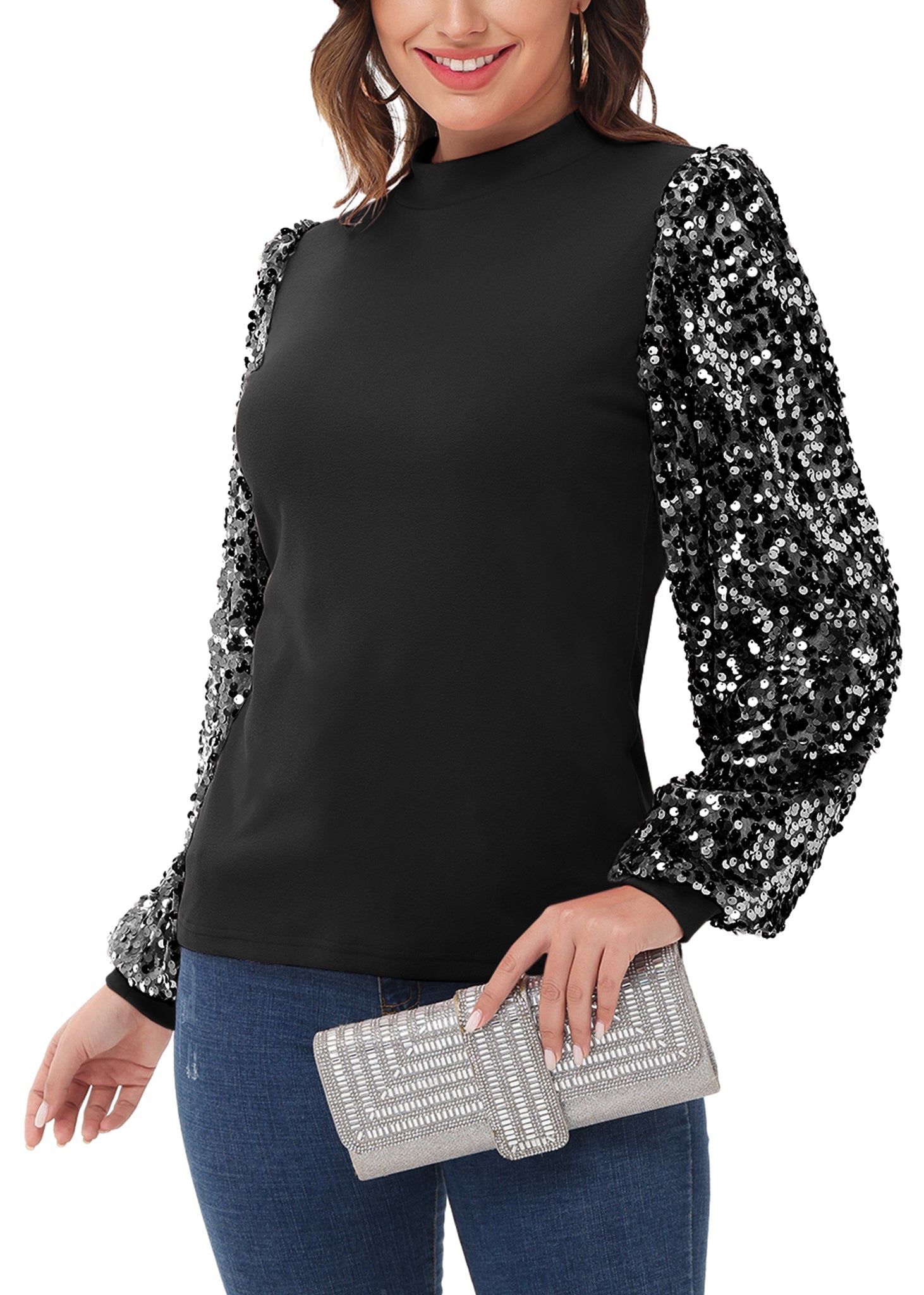 White Mock Neck Long Sleeve Top with Silver Sequin Balloon Sleeves