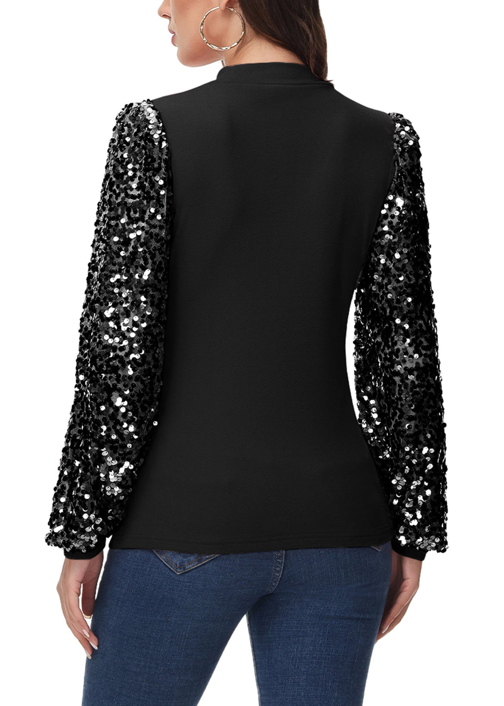 White Mock Neck Long Sleeve Top with Silver Sequin Balloon Sleeves