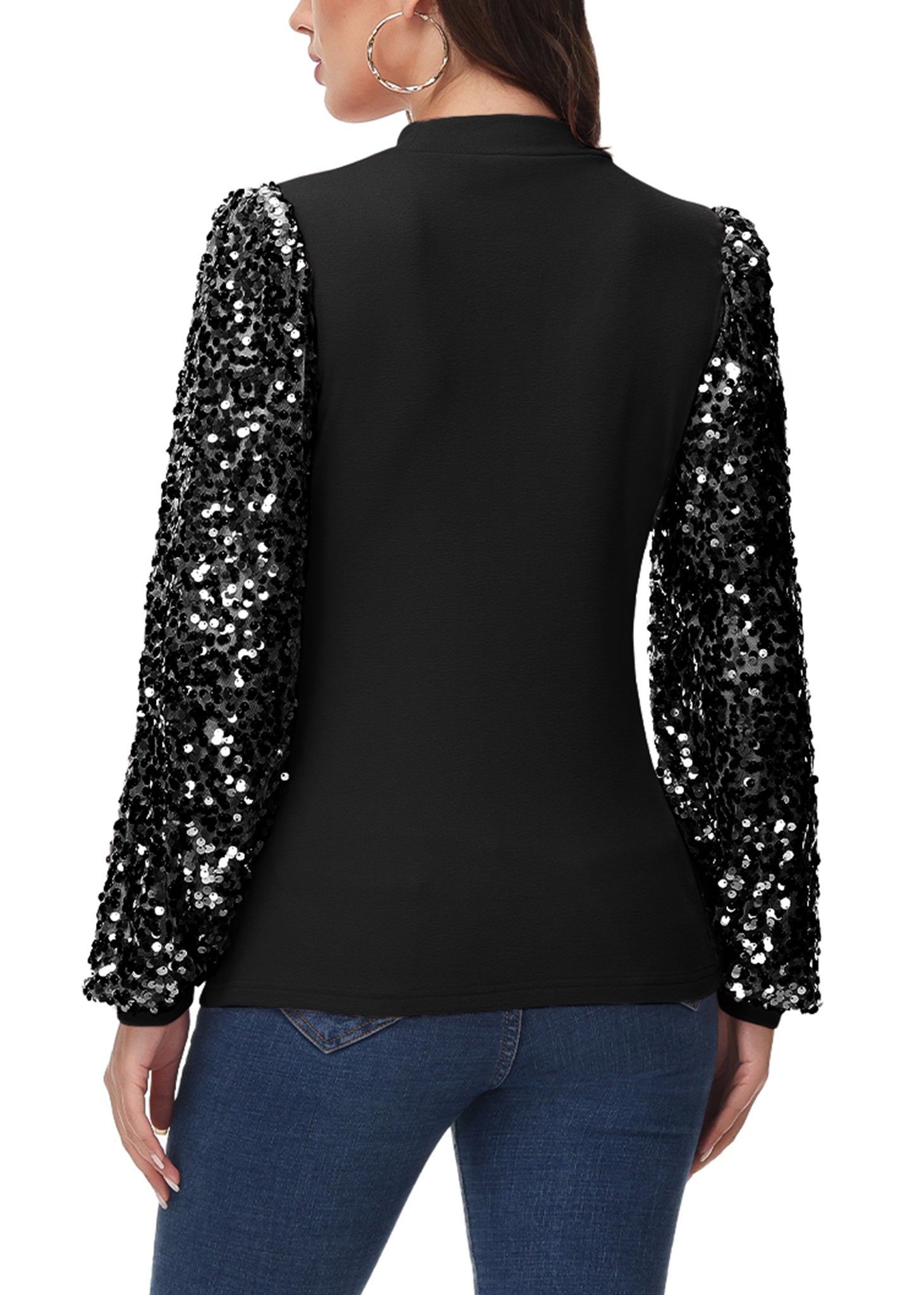 White Mock Neck Long Sleeve Top with Silver Sequin Balloon Sleeves