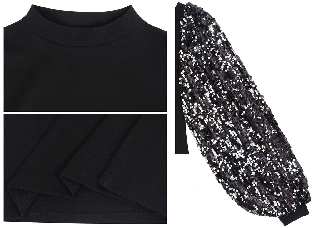 White Mock Neck Long Sleeve Top with Silver Sequin Balloon Sleeves