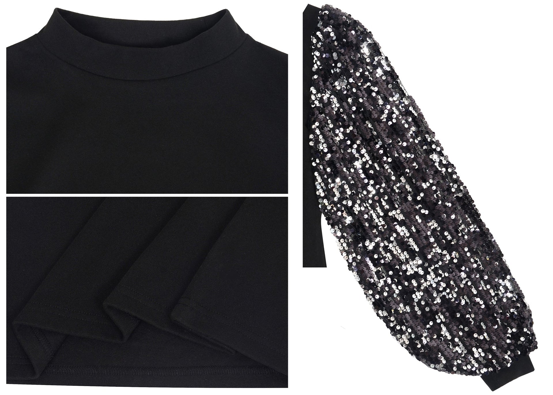 White Mock Neck Long Sleeve Top with Silver Sequin Balloon Sleeves