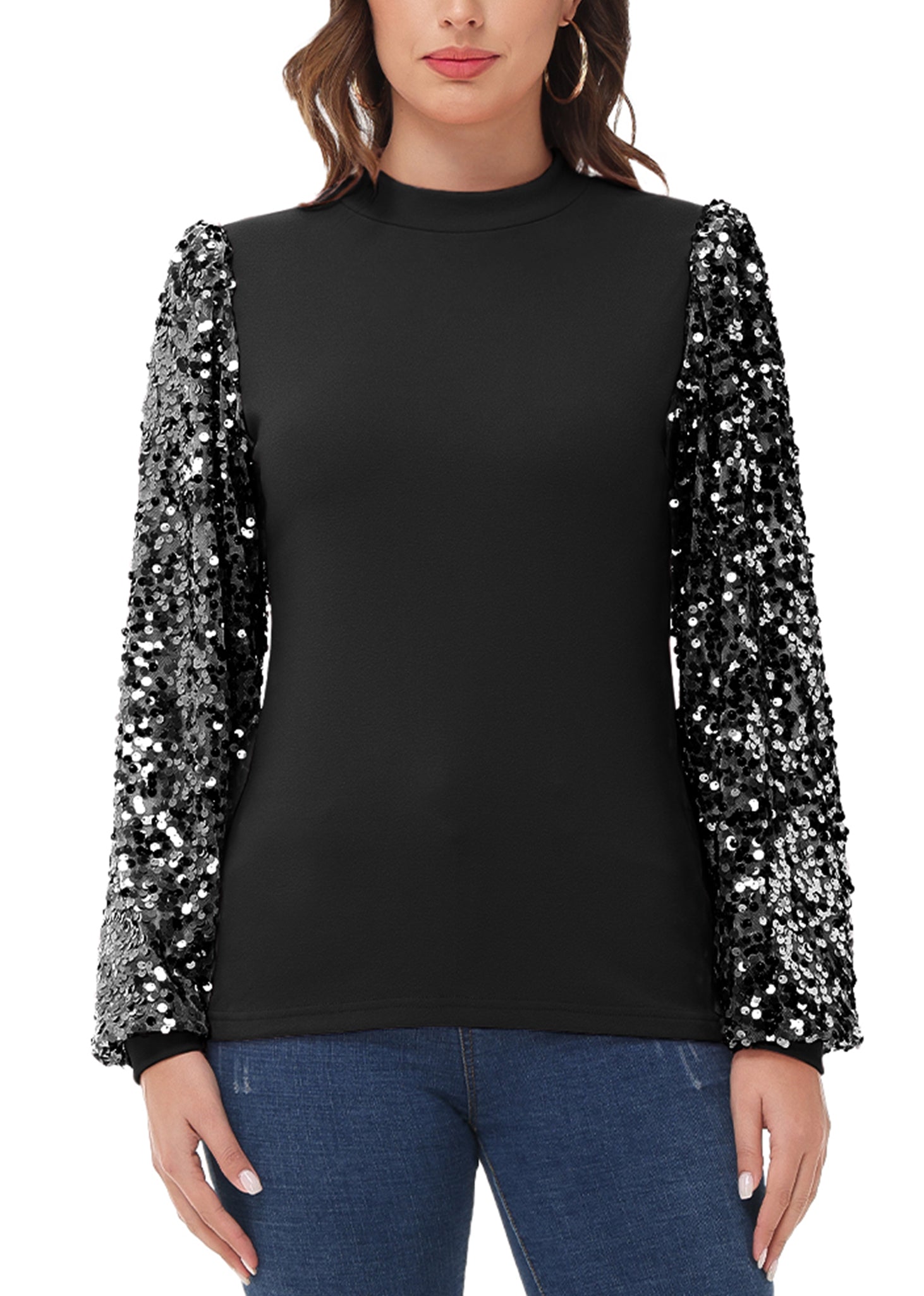 White Mock Neck Long Sleeve Top with Silver Sequin Balloon Sleeves