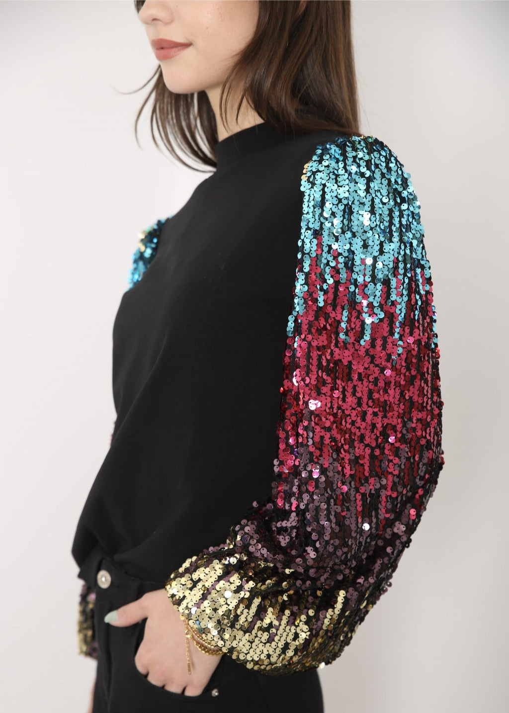 White Mock Neck Long Sleeve Top with Silver Sequin Balloon Sleeves - Image 45