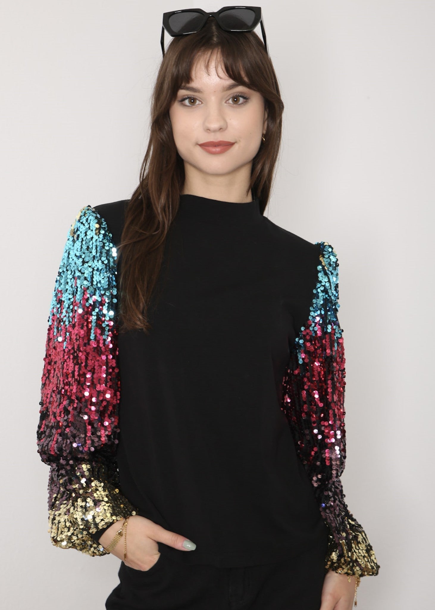 White Mock Neck Long Sleeve Top with Silver Sequin Balloon Sleeves - Image 46
