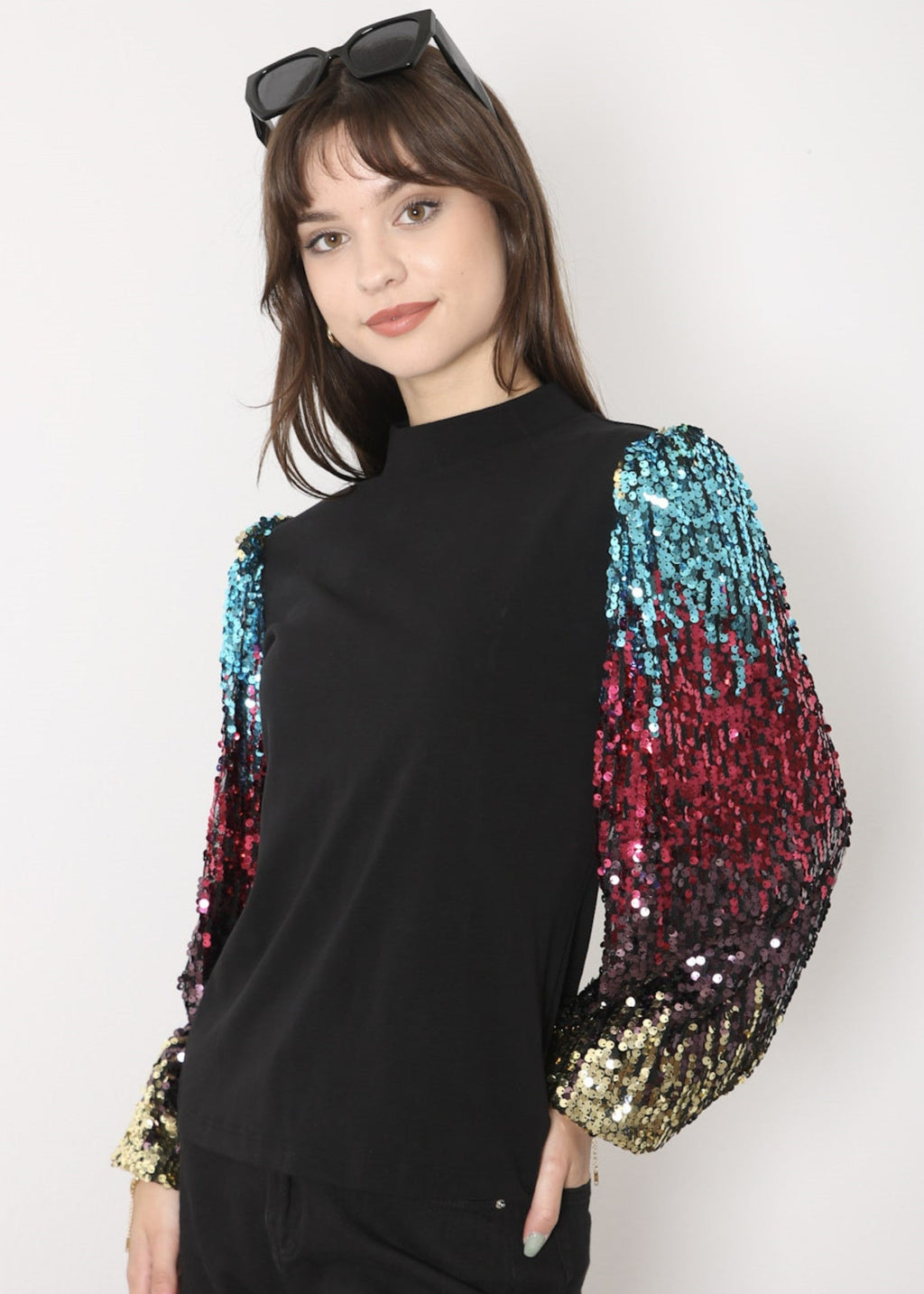 White Mock Neck Long Sleeve Top with Silver Sequin Balloon Sleeves - Image 47