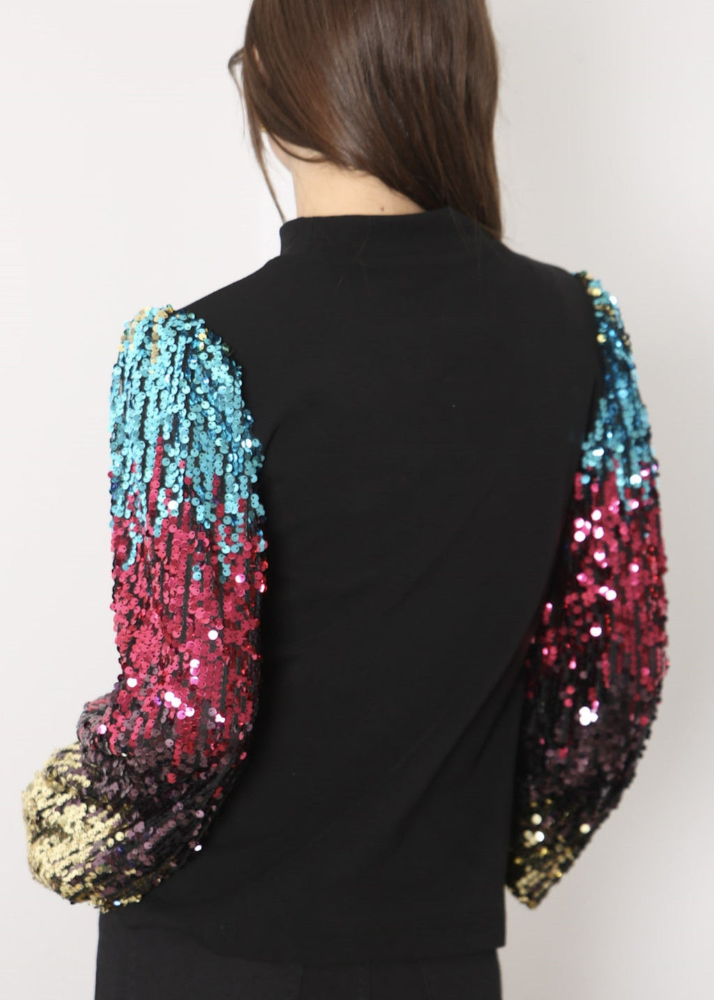 White Mock Neck Long Sleeve Top with Silver Sequin Balloon Sleeves - Image 48