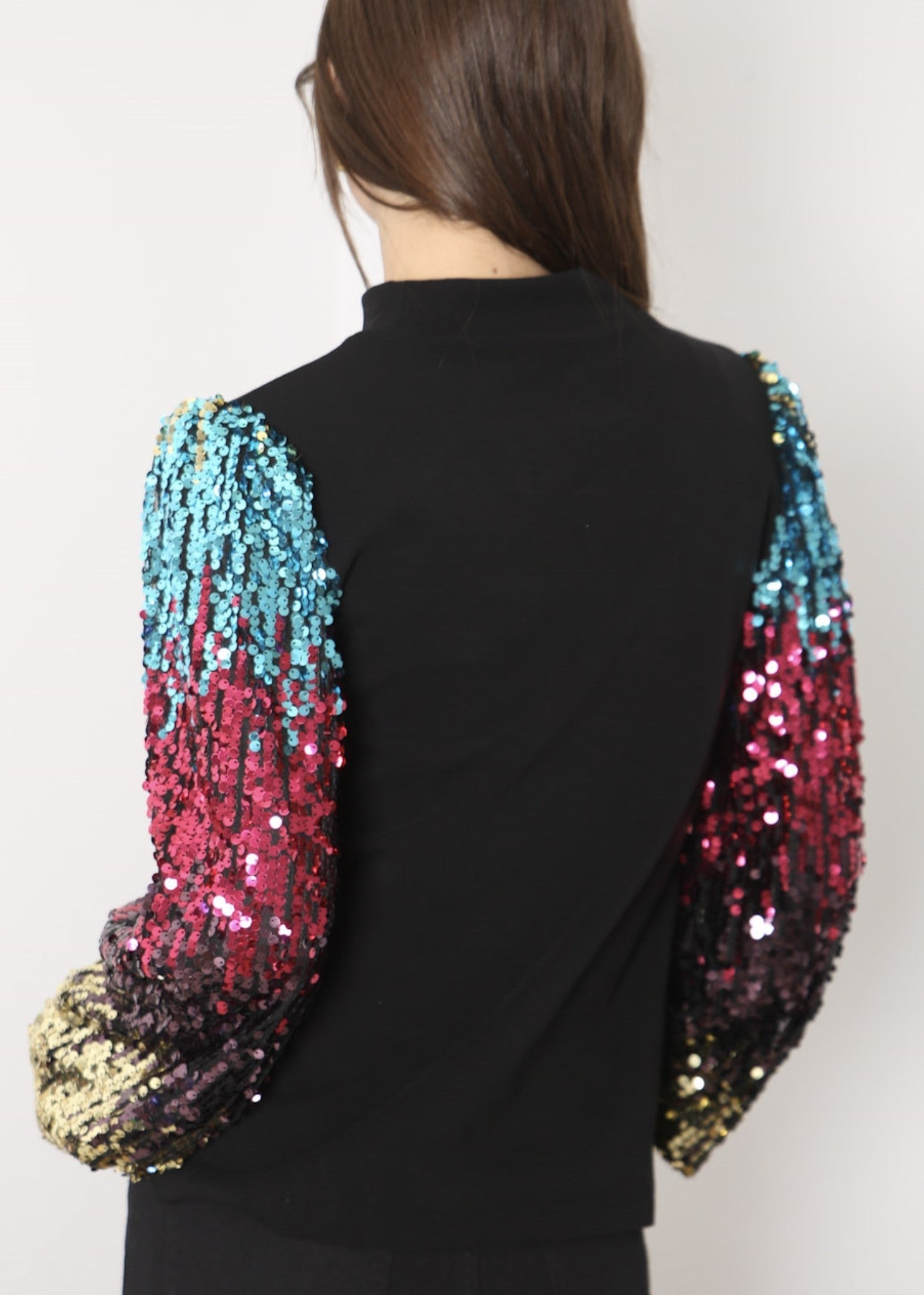 White Mock Neck Long Sleeve Top with Silver Sequin Balloon Sleeves - Image 48