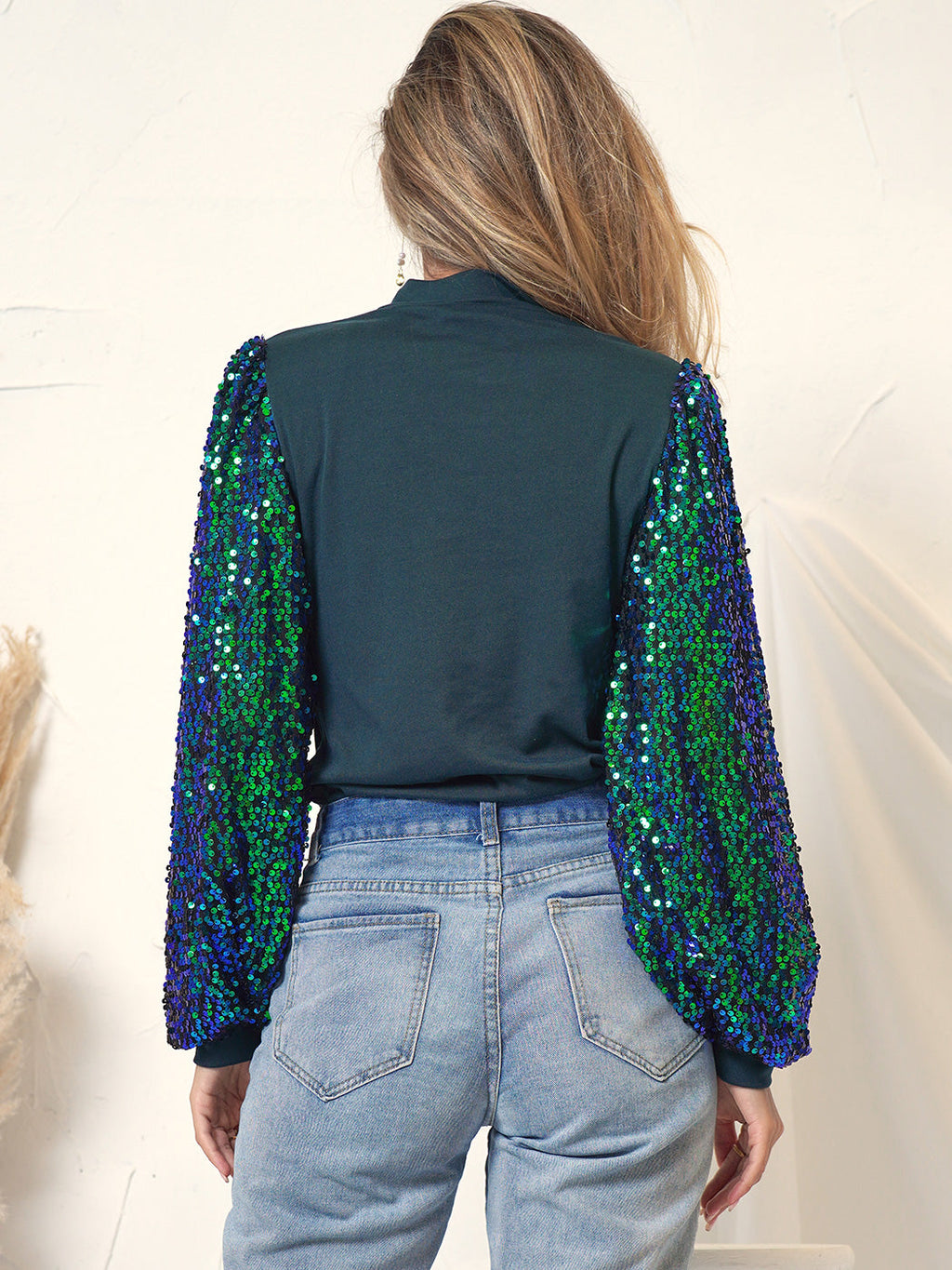 White Mock Neck Long Sleeve Top with Silver Sequin Balloon Sleeves - Image 9