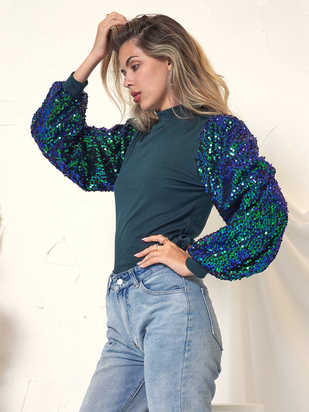 White Mock Neck Long Sleeve Top with Silver Sequin Balloon Sleeves - Image 10
