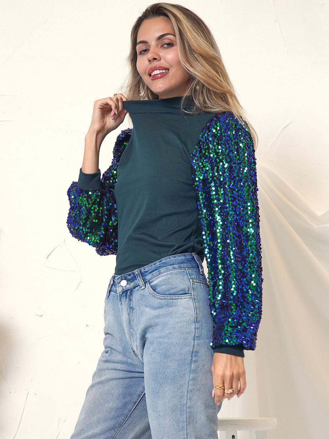 White Mock Neck Long Sleeve Top with Silver Sequin Balloon Sleeves - Image 12