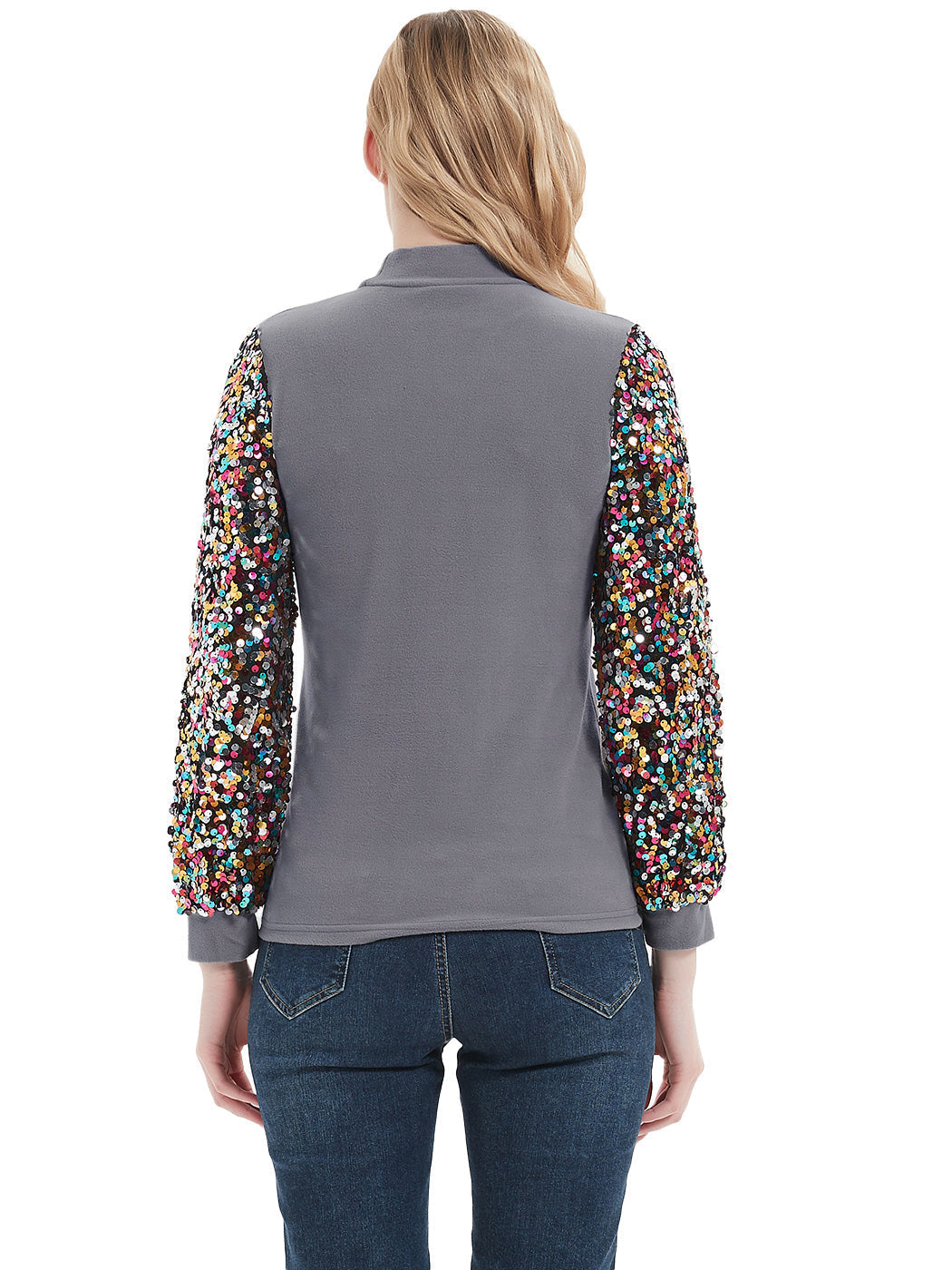 White Mock Neck Long Sleeve Top with Silver Sequin Balloon Sleeves - Image 24
