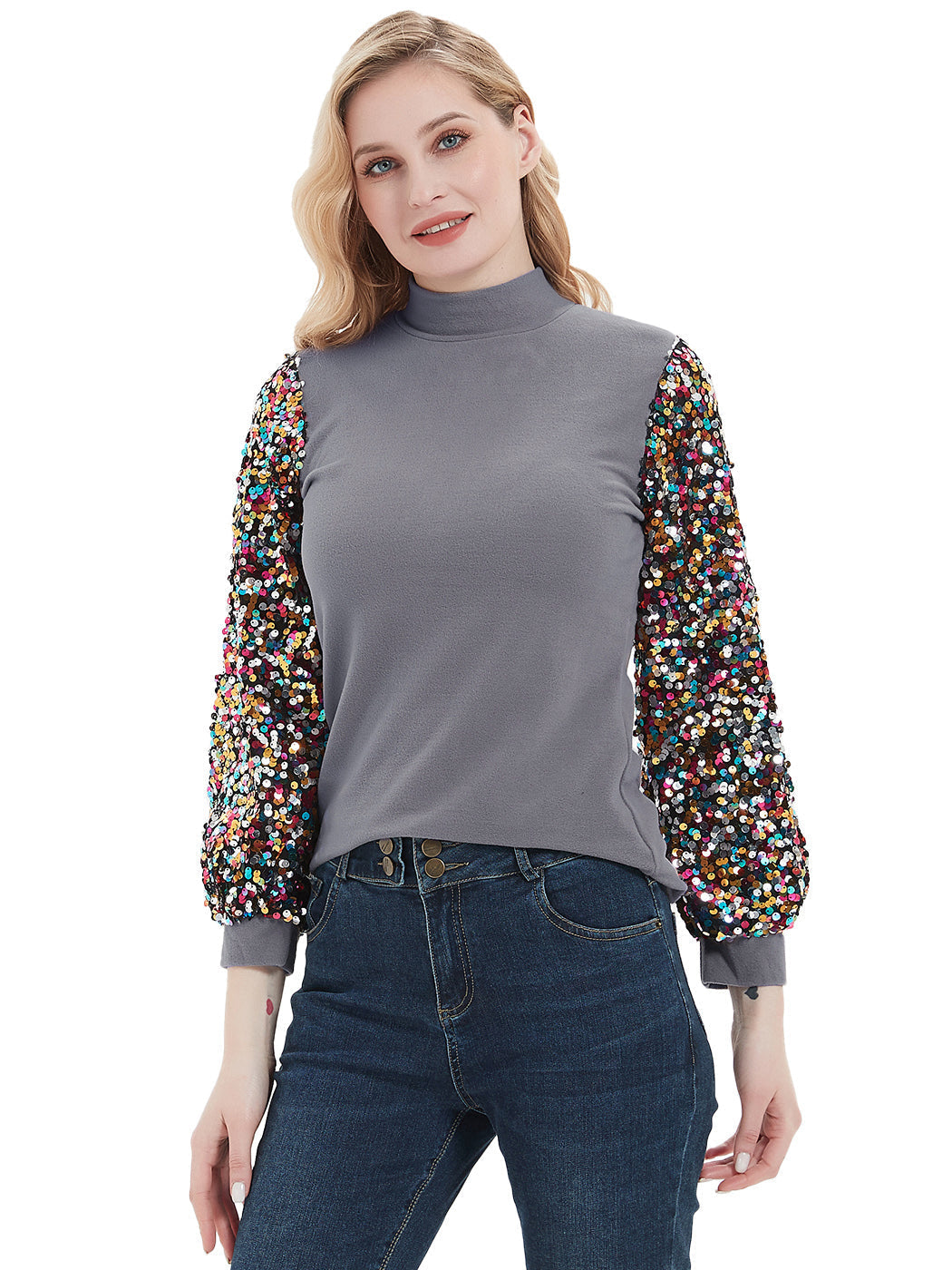 White Mock Neck Long Sleeve Top with Silver Sequin Balloon Sleeves - Image 27