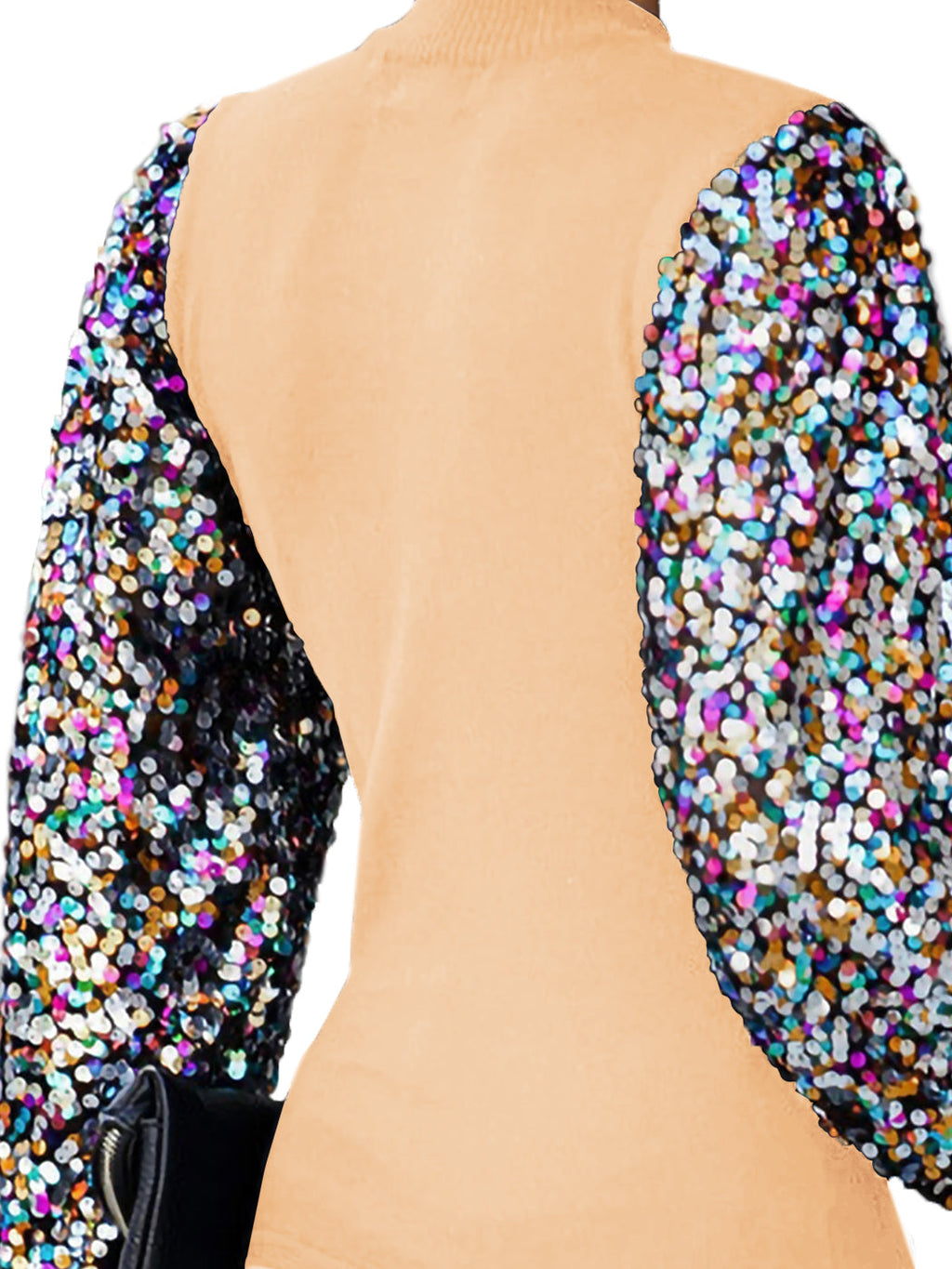 White Mock Neck Long Sleeve Top with Silver Sequin Balloon Sleeves - Image 31