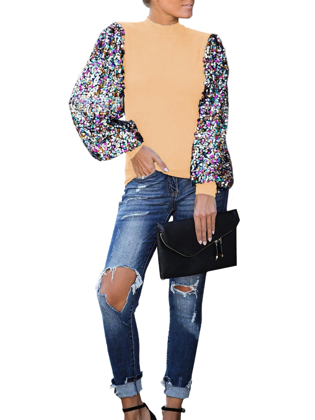 White Mock Neck Long Sleeve Top with Silver Sequin Balloon Sleeves - Image 33