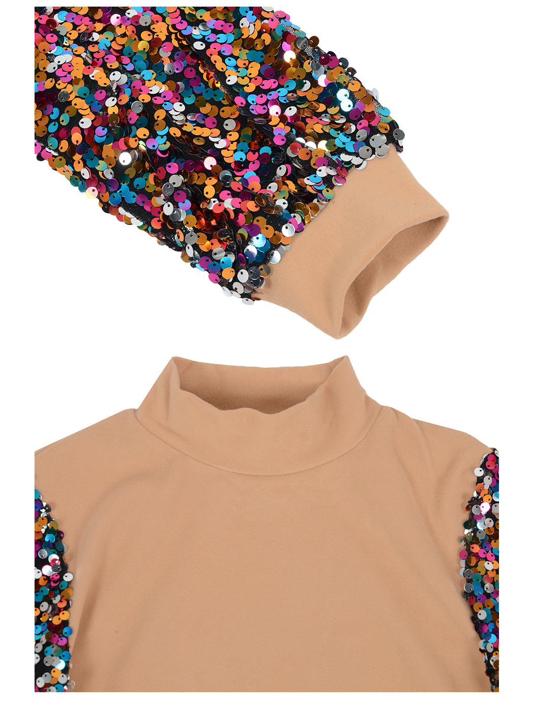 White Mock Neck Long Sleeve Top with Silver Sequin Balloon Sleeves - Image 34