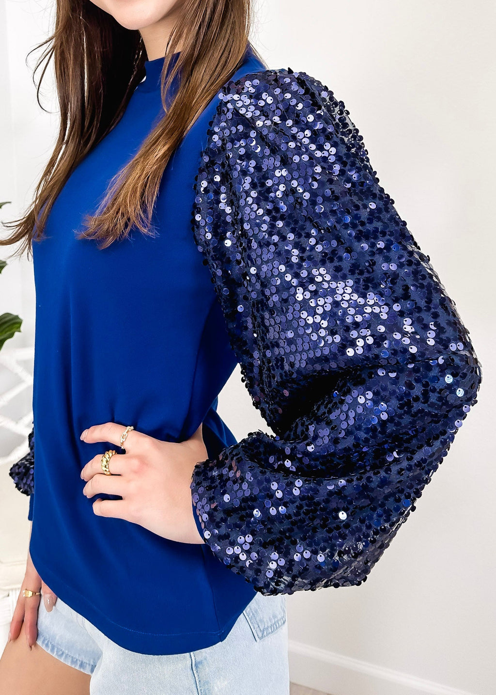 White Mock Neck Long Sleeve Top with Silver Sequin Balloon Sleeves