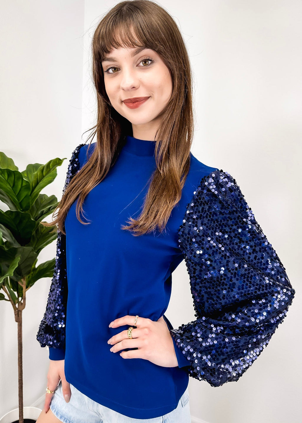 White Mock Neck Long Sleeve Top with Silver Sequin Balloon Sleeves