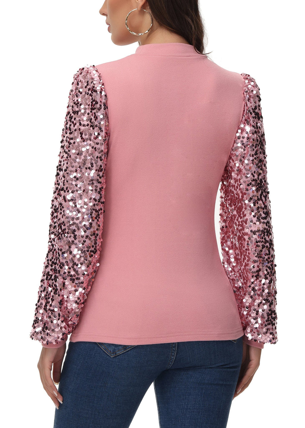 White Mock Neck Long Sleeve Top with Silver Sequin Balloon Sleeves