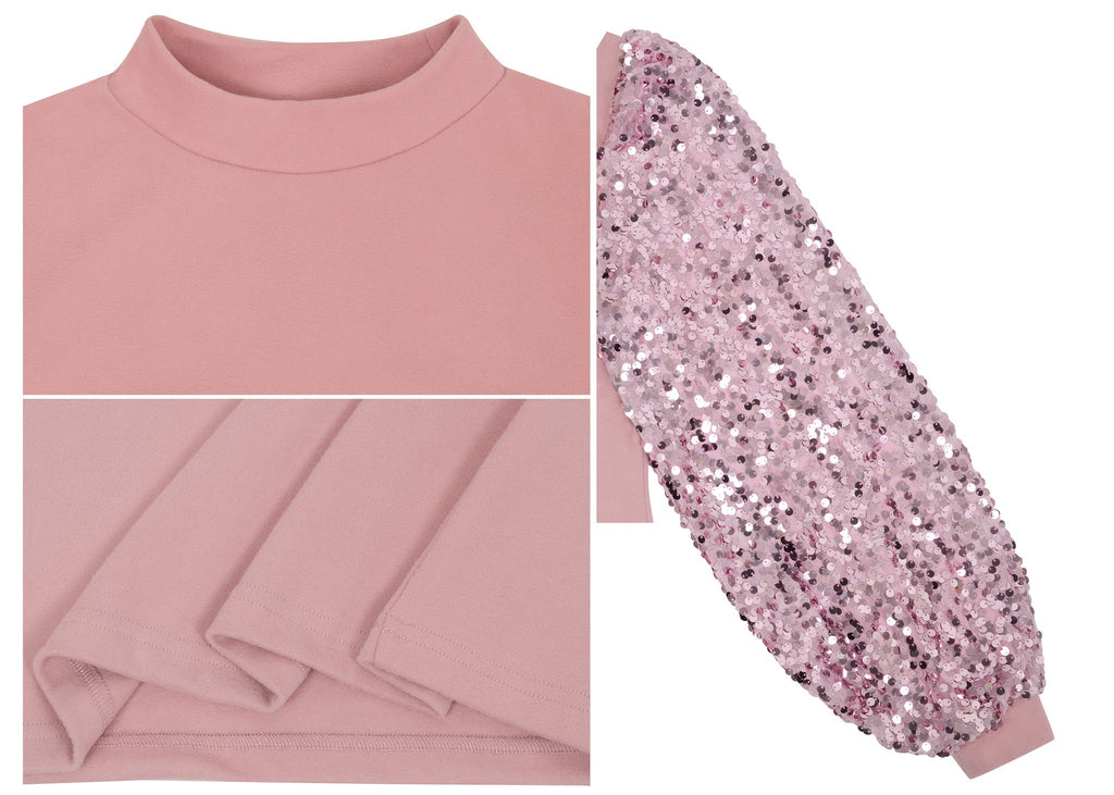 White Mock Neck Long Sleeve Top with Silver Sequin Balloon Sleeves