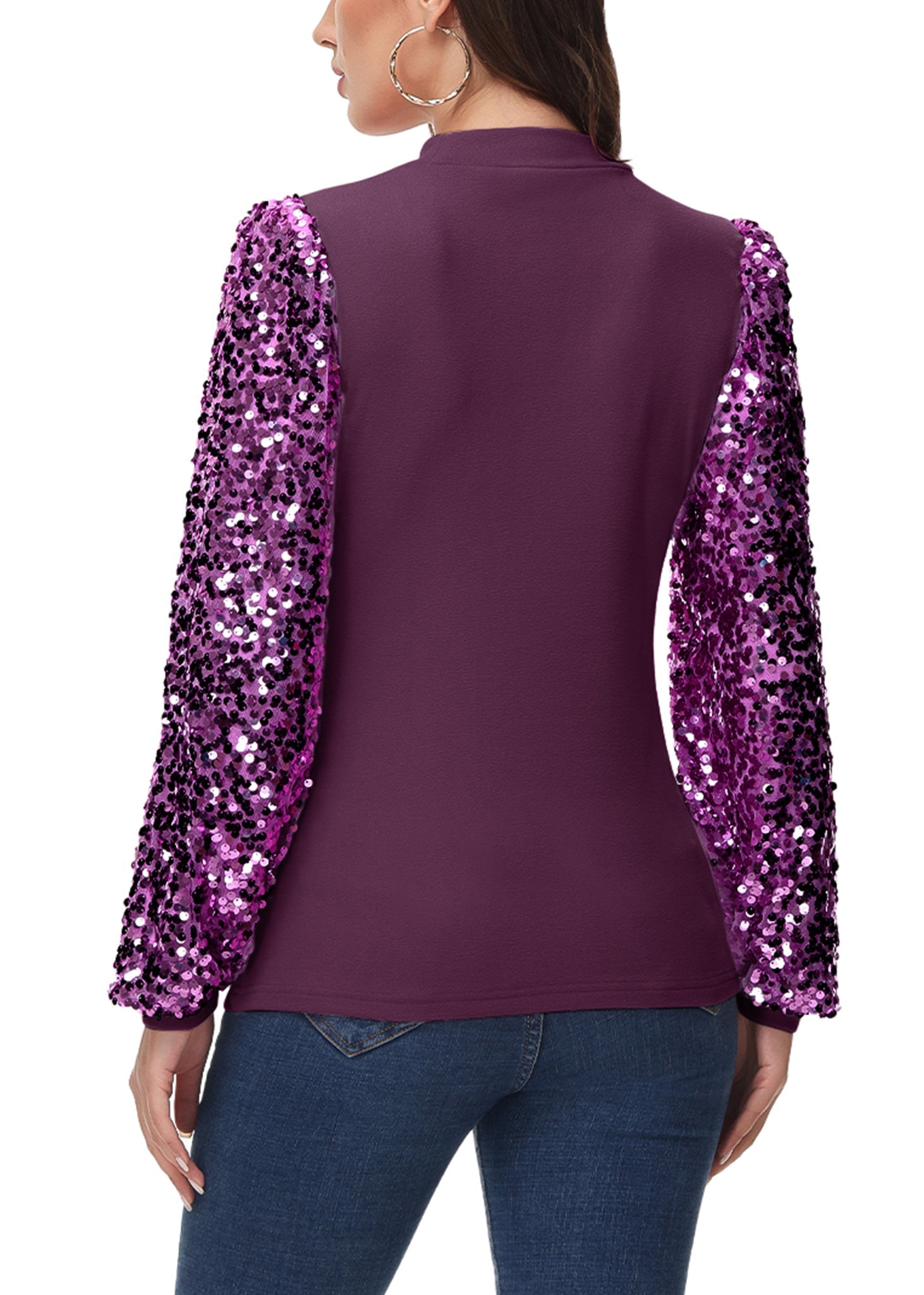 White Mock Neck Long Sleeve Top with Silver Sequin Balloon Sleeves