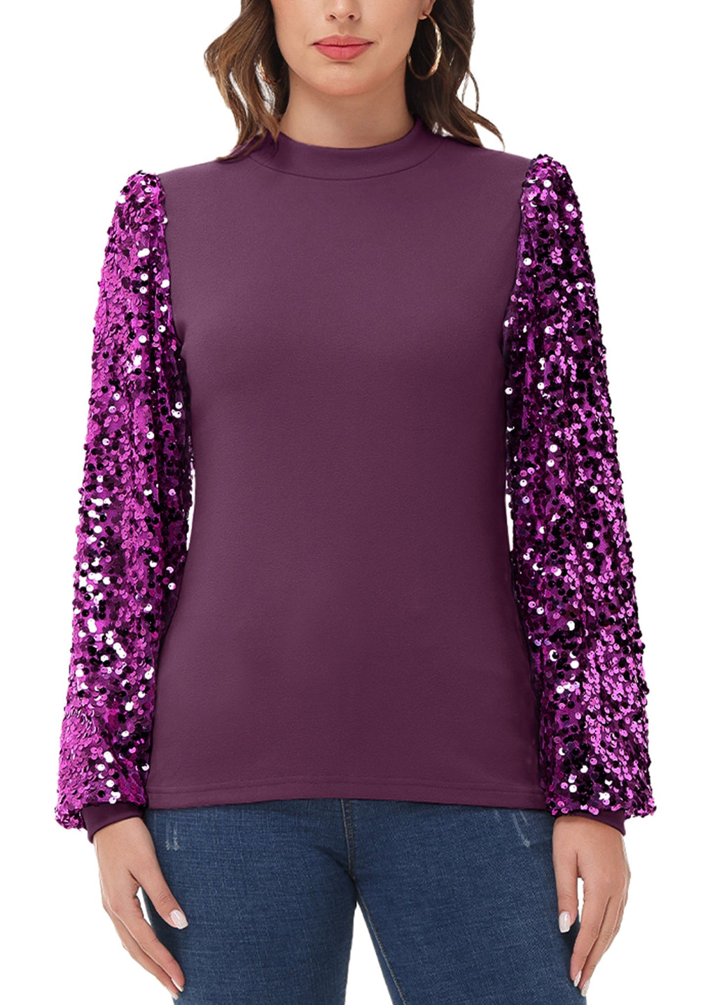 White Mock Neck Long Sleeve Top with Silver Sequin Balloon Sleeves
