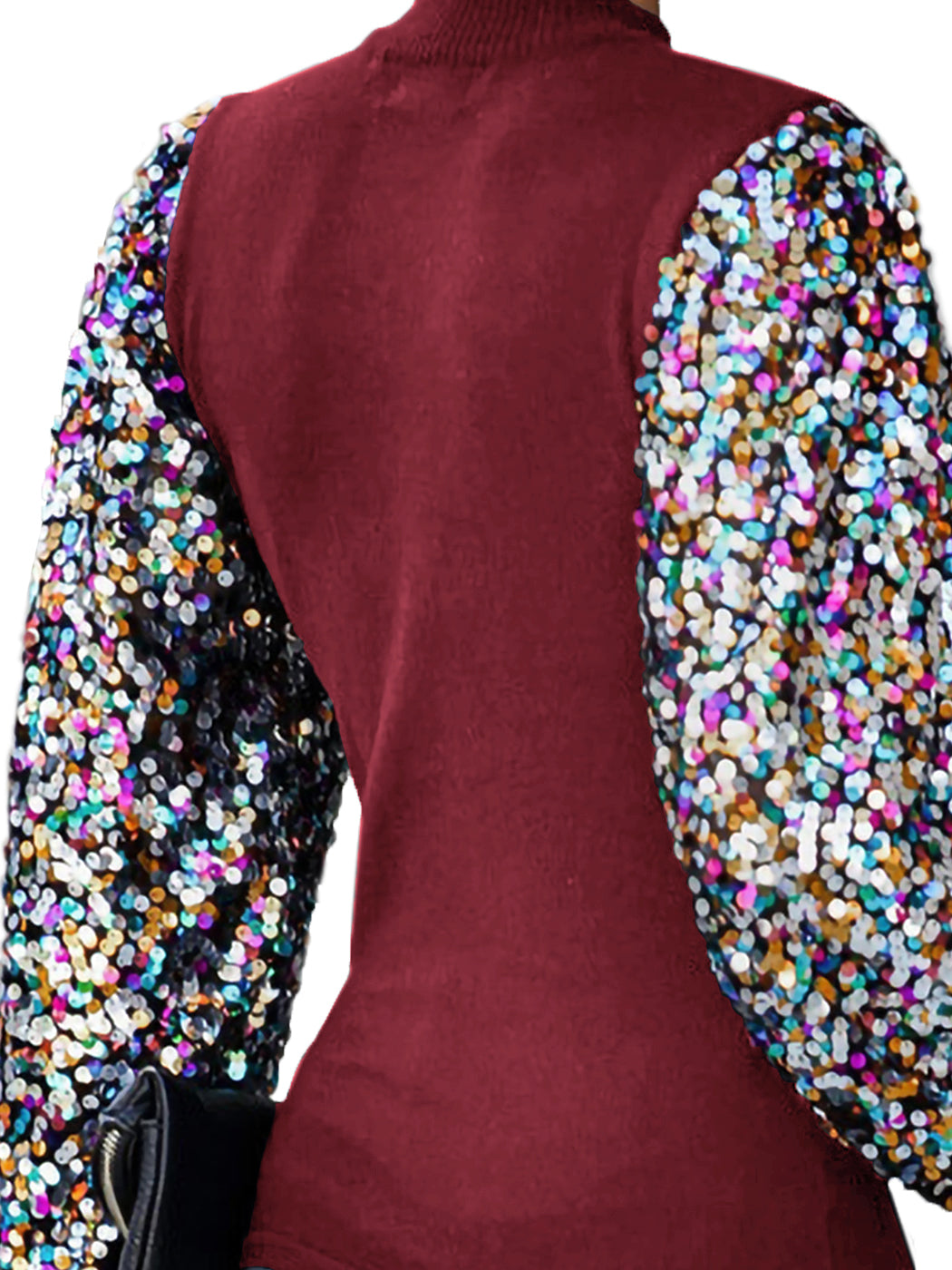 White Mock Neck Long Sleeve Top with Silver Sequin Balloon Sleeves - Image 38