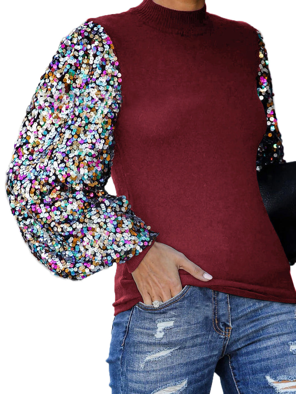 White Mock Neck Long Sleeve Top with Silver Sequin Balloon Sleeves - Image 39