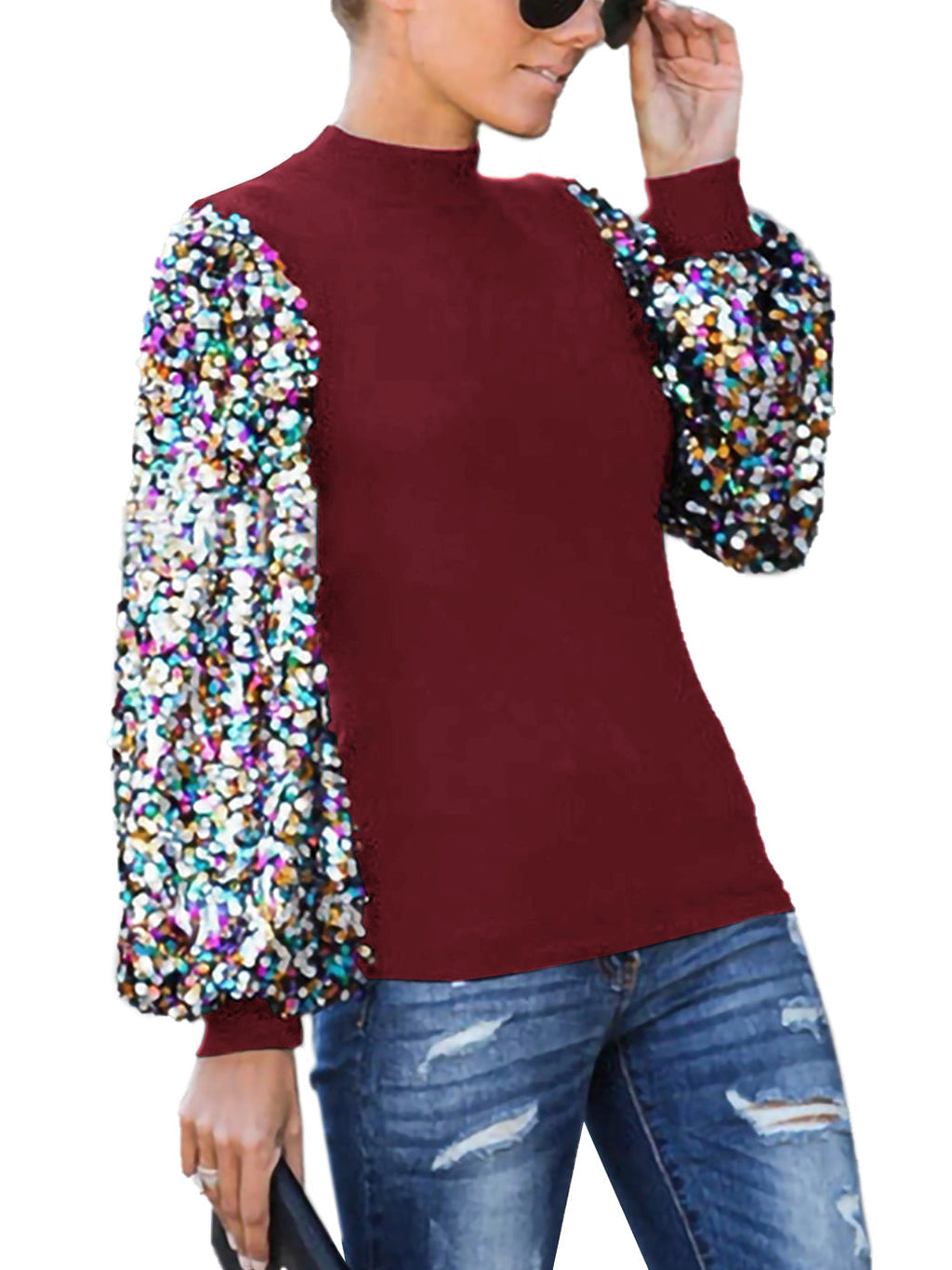 White Mock Neck Long Sleeve Top with Silver Sequin Balloon Sleeves - Image 40