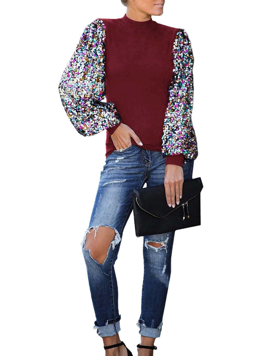 White Mock Neck Long Sleeve Top with Silver Sequin Balloon Sleeves - Image 41