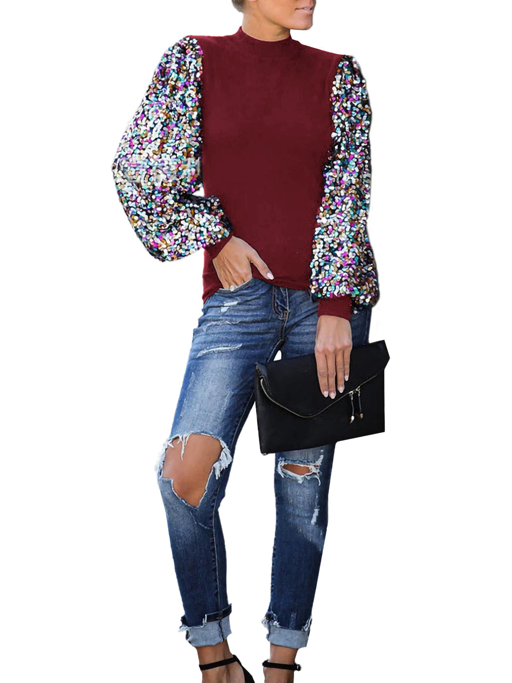 White Mock Neck Long Sleeve Top with Silver Sequin Balloon Sleeves - Image 41