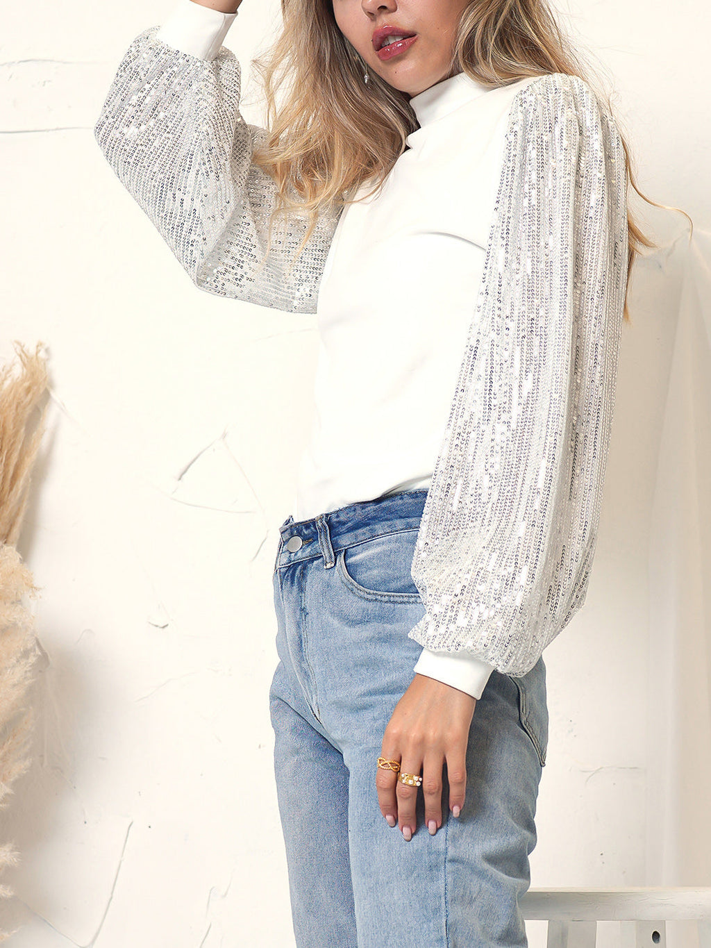 White Mock Neck Long Sleeve Top with Silver Sequin Balloon Sleeves - Image 3