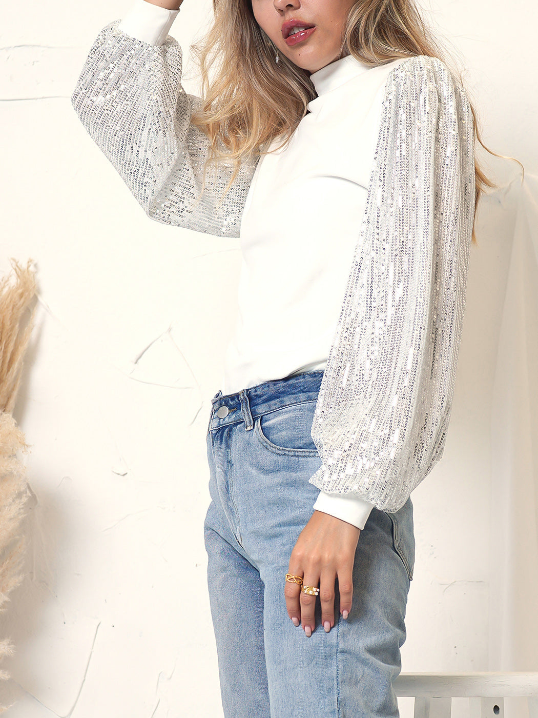 White Mock Neck Long Sleeve Top with Silver Sequin Balloon Sleeves - Image 3