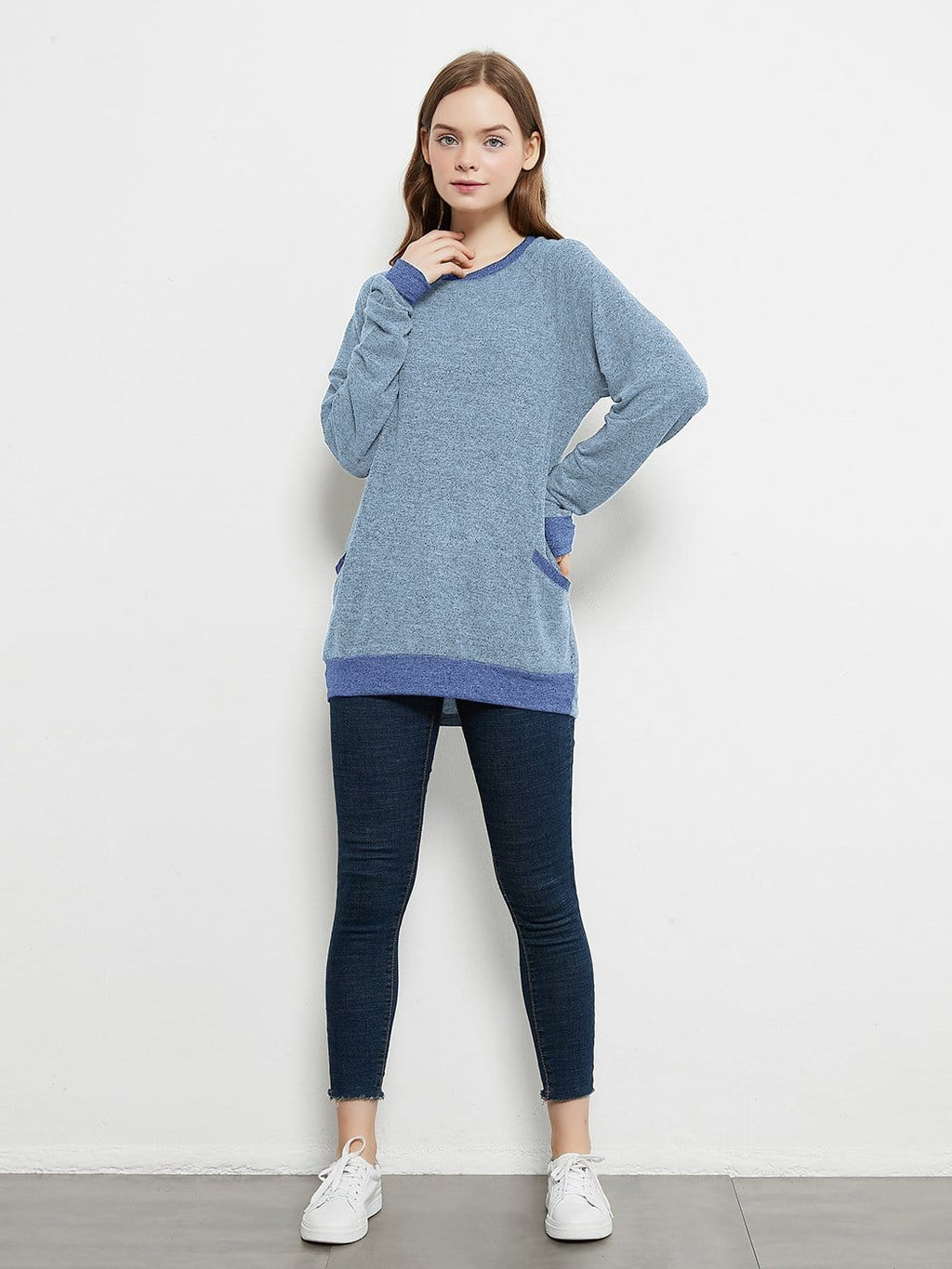 Long Sleeve Round Neck Casual T Shirts Blouses Sweatshirts Tunic Tops with Pocket