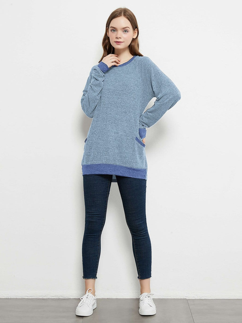 Long Sleeve Round Neck Casual T Shirts Blouses Sweatshirts Tunic Tops with Pocket