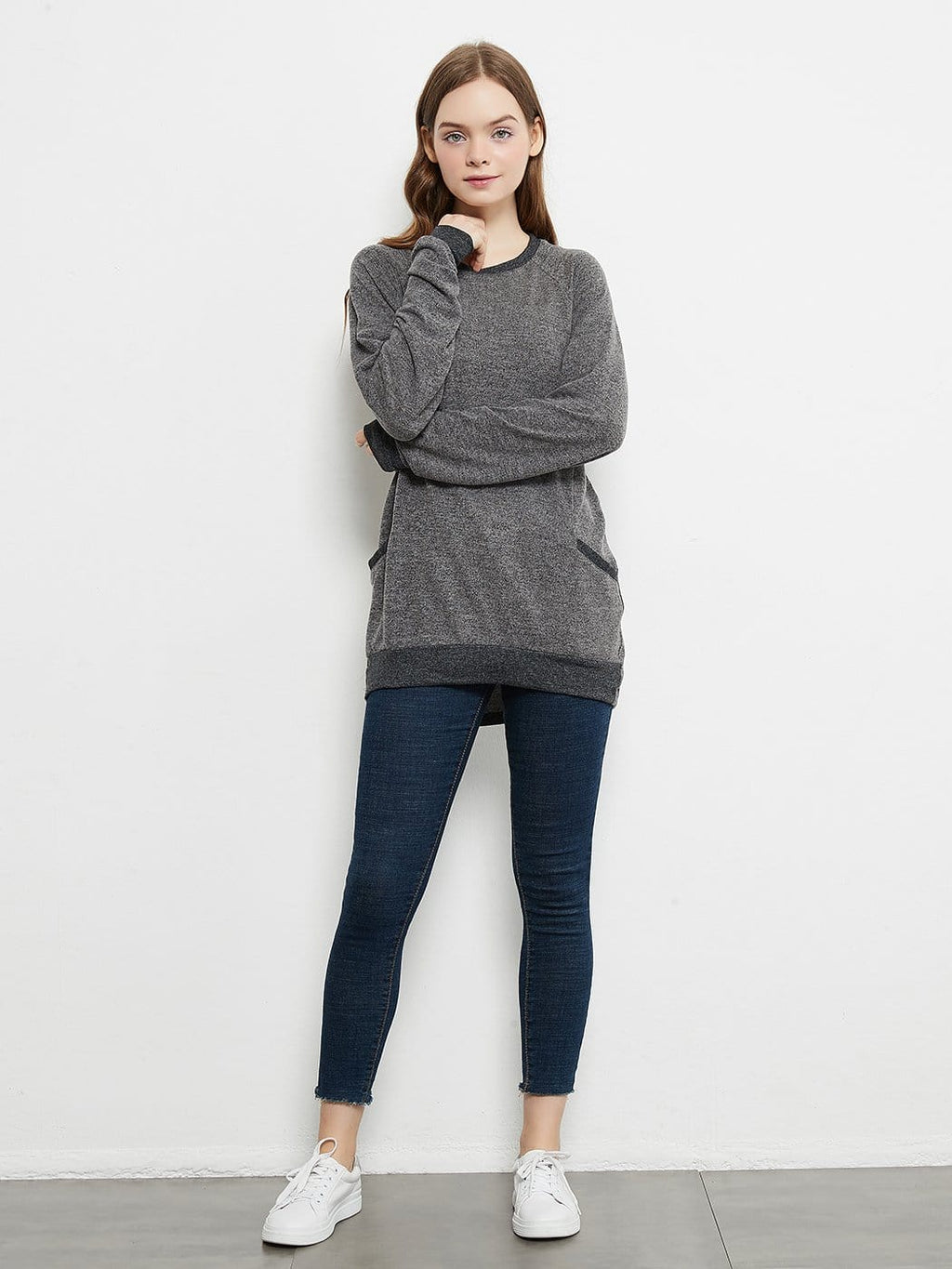Long Sleeve Round Neck Casual T Shirts Blouses Sweatshirts Tunic Tops with Pocket