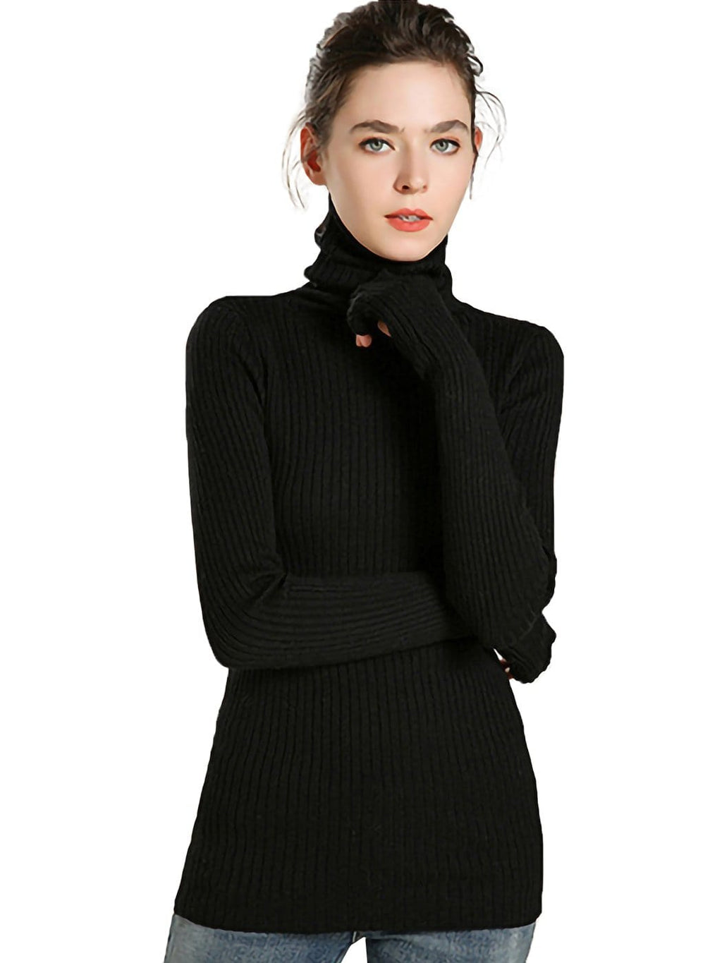 Women's Black Ribbed Long Sleeve Turtleneck Pullover Sweater - Image 2