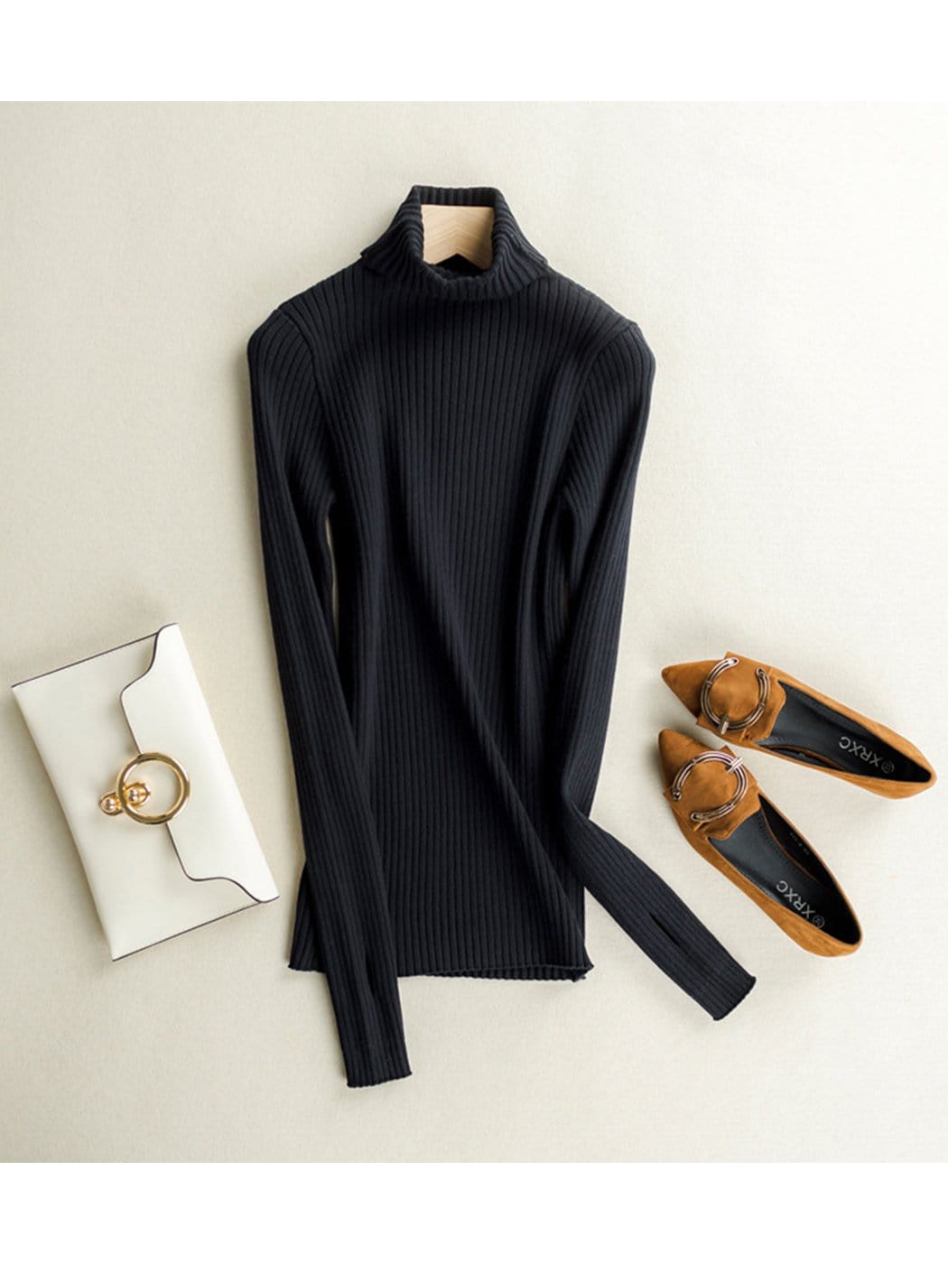 Women's Black Ribbed Long Sleeve Turtleneck Pullover Sweater - Image 5