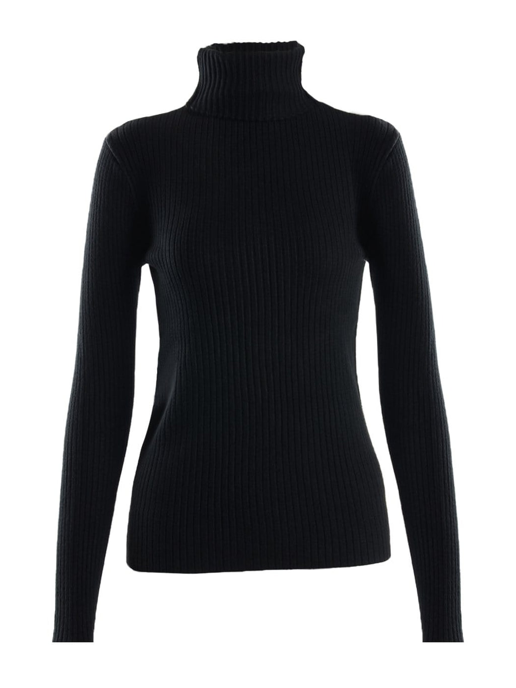 Model wearing a black ribbed long sleeve turtleneck sweater with a slim fit