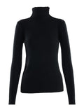 Model wearing a black ribbed long sleeve turtleneck sweater with a slim fit