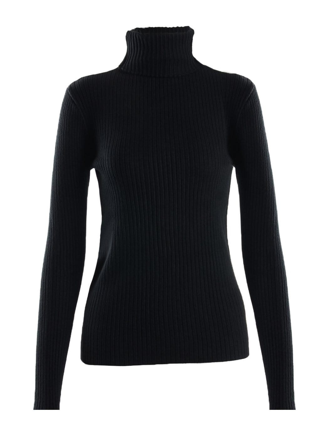 Model wearing a black ribbed long sleeve turtleneck sweater with a slim fit