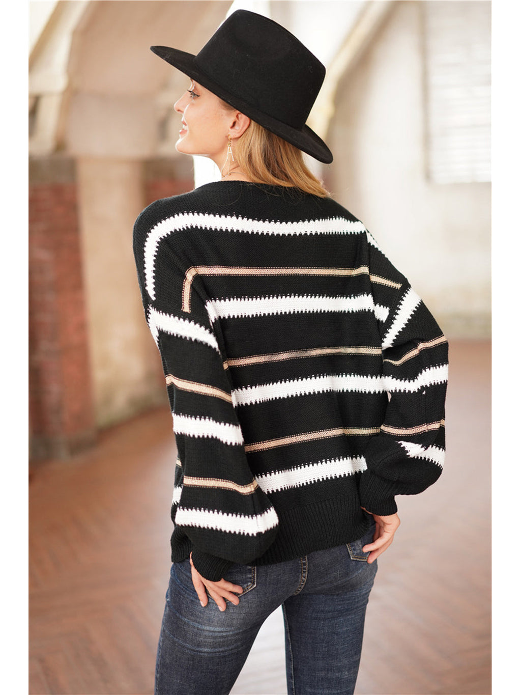 Women's Striped Crew Neck Oversized Knit Pullover Sweater - Image 24
