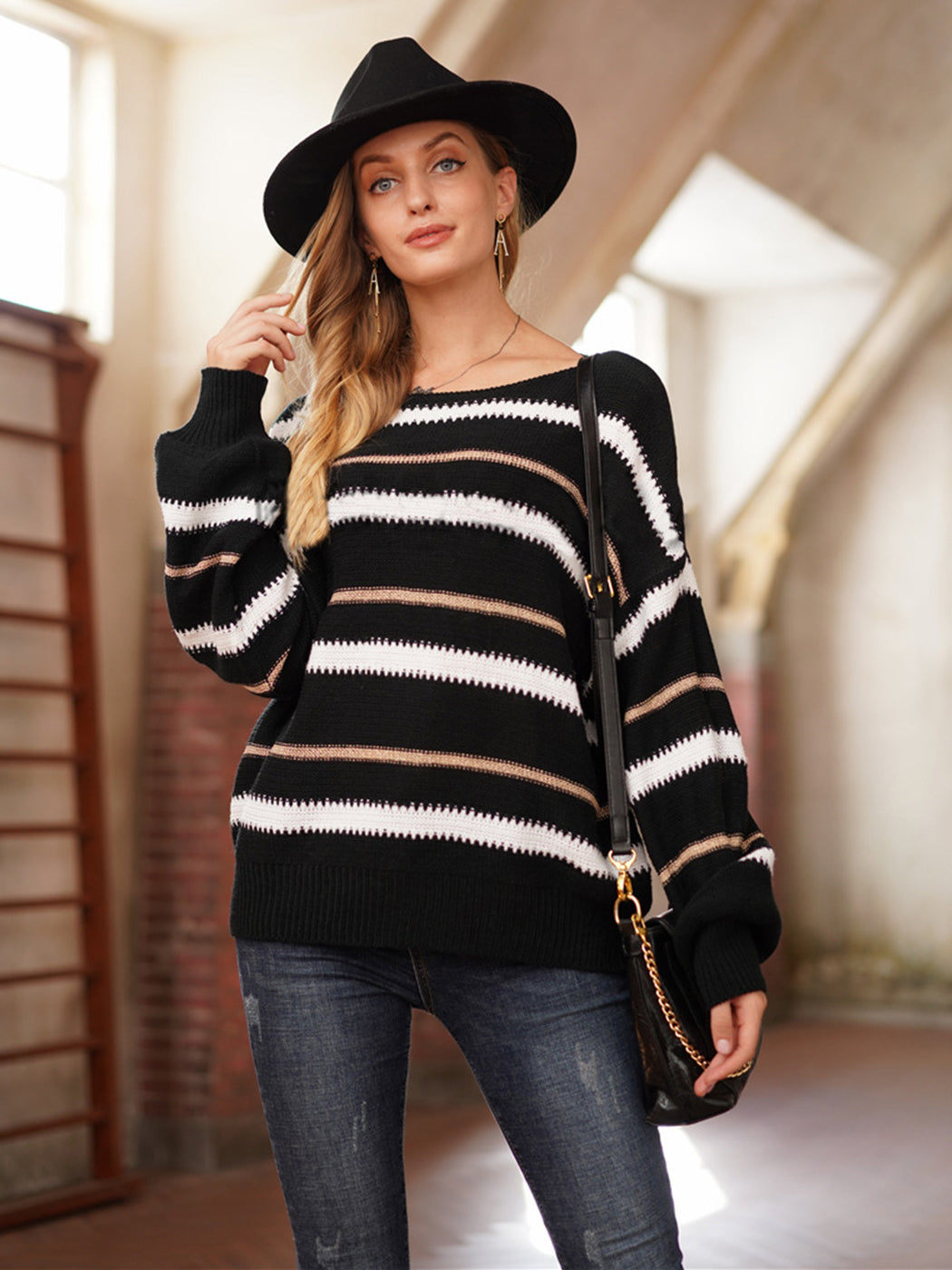 Women's Striped Crew Neck Oversized Knit Pullover Sweater - Image 25