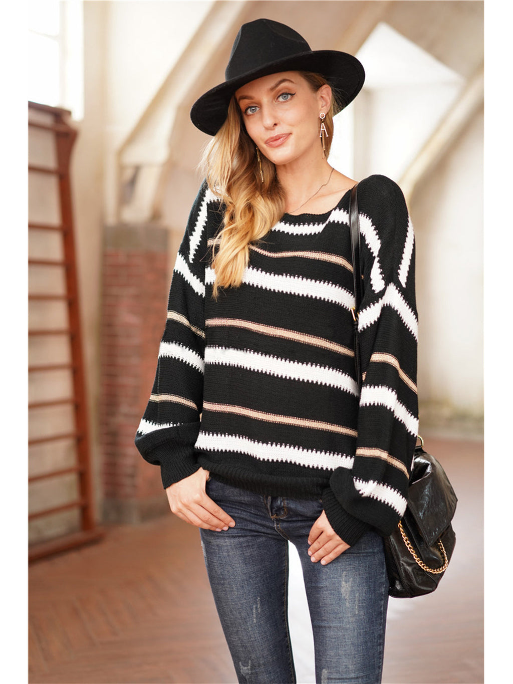 Women's Striped Crew Neck Oversized Knit Pullover Sweater - Image 27