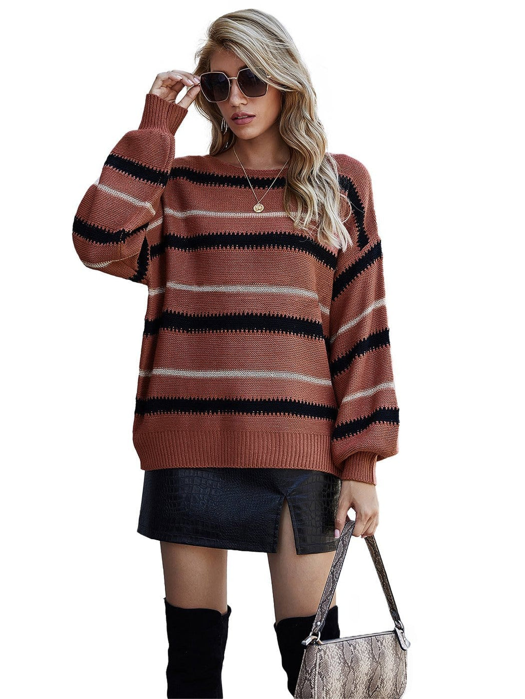 Women's Striped Crew Neck Oversized Knit Pullover Sweater - Image 8