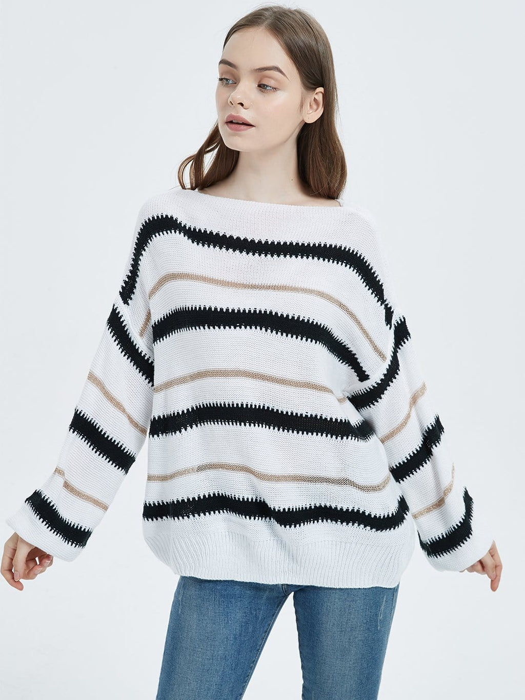 Women's Striped Crew Neck Oversized Knit Pullover Sweater - Image 17