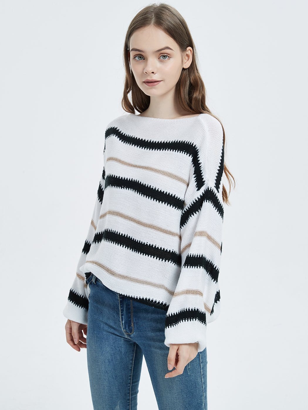 Women's Striped Crew Neck Oversized Knit Pullover Sweater - Image 18