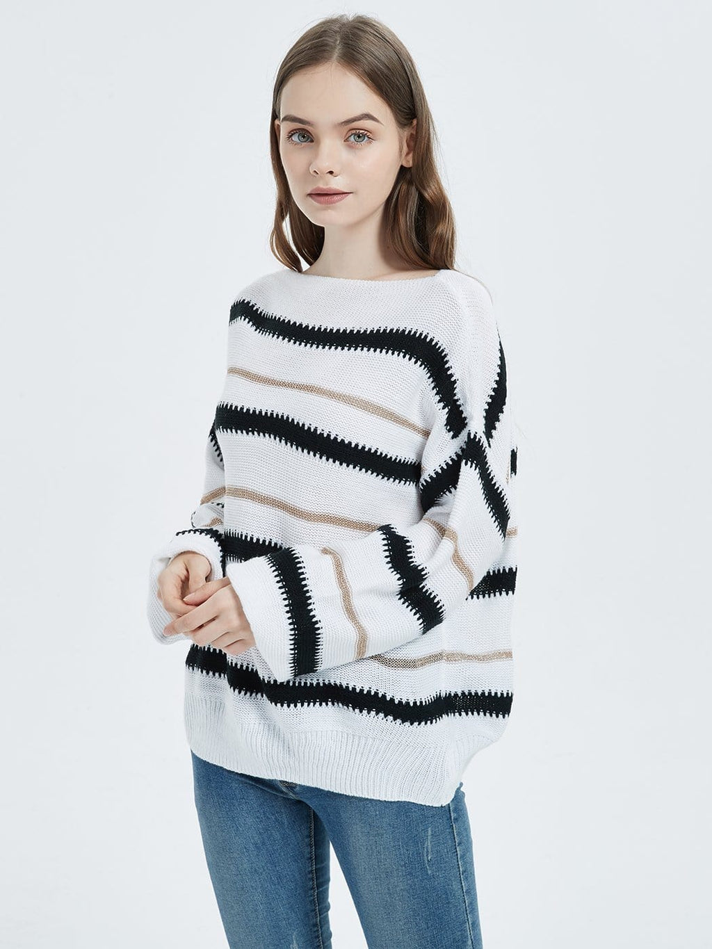 Women's Striped Crew Neck Oversized Knit Pullover Sweater - Image 19