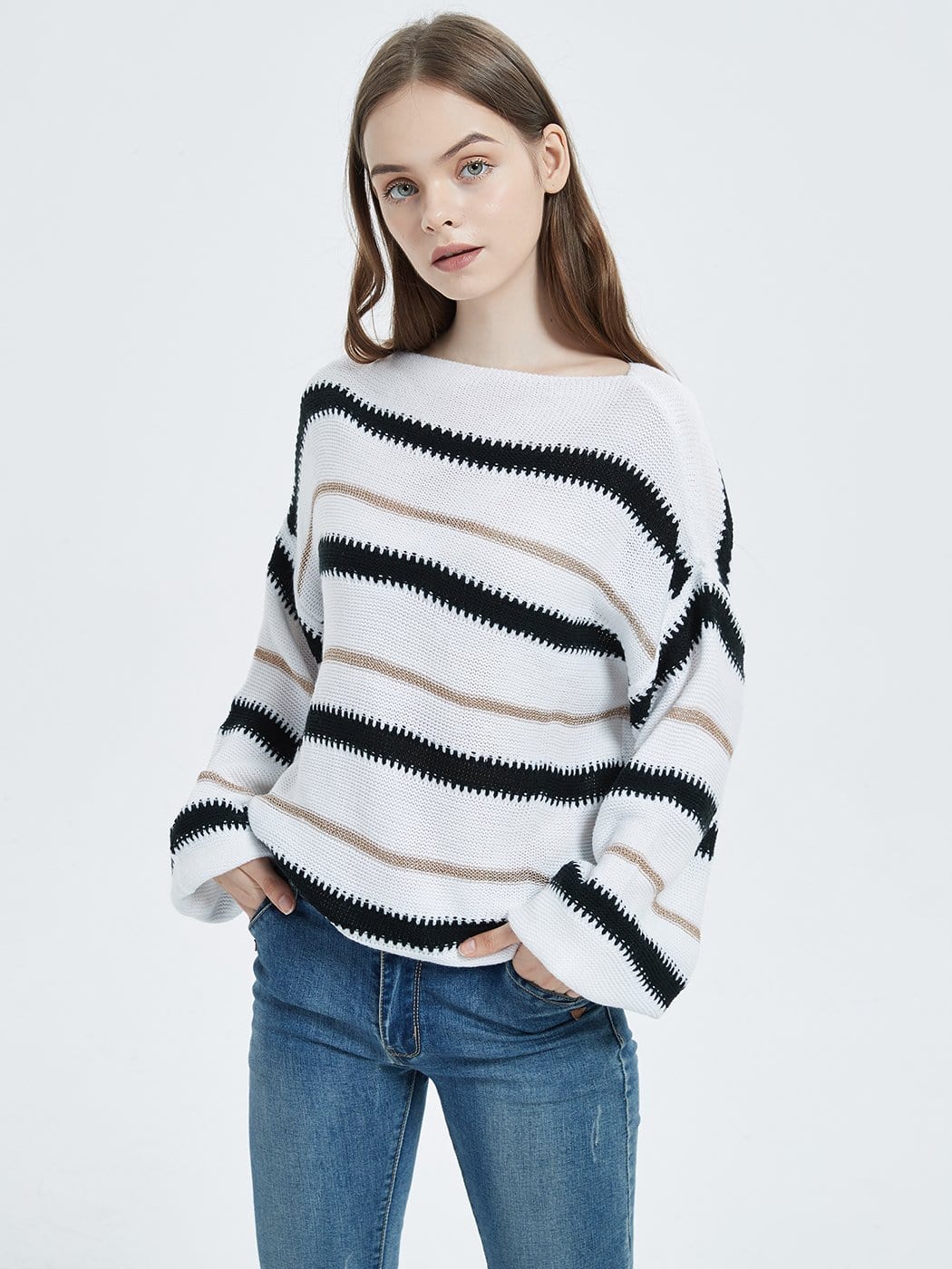 Women's Striped Crew Neck Oversized Knit Pullover Sweater - Image 20