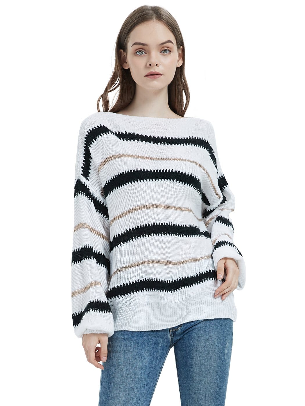 Women's Striped Crew Neck Oversized Knit Pullover Sweater - Image 29